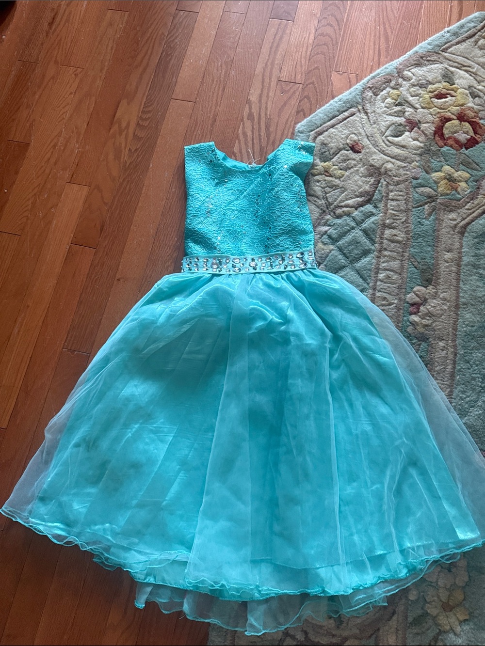 Girls' Turquoise Tulle Party Dress with Embellished Waist